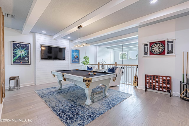 recreation room with visible vents, baseboards, wood finished floors, beam ceiling, and billiards