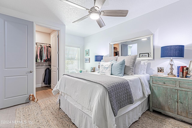 bedroom featuring a closet, a textured ceiling, ceiling fan, light wood-type flooring, and a walk in closet