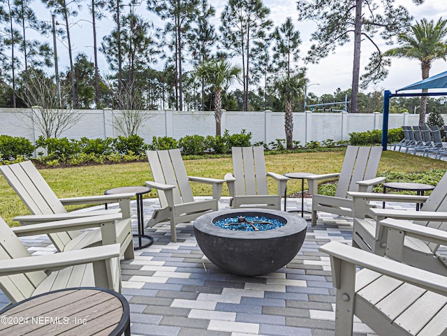 view of patio / terrace featuring an outdoor fire pit and a fenced backyard