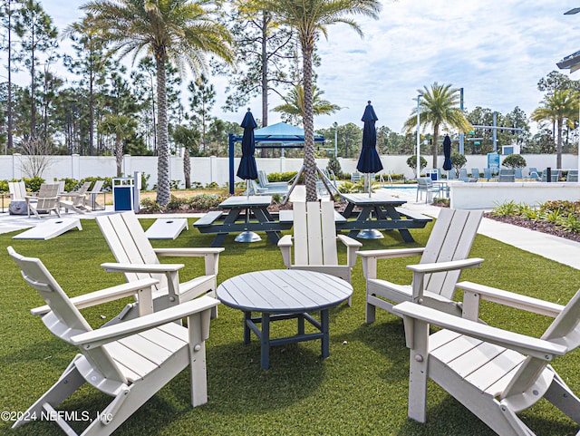 exterior space featuring a community pool, fence, and a patio area