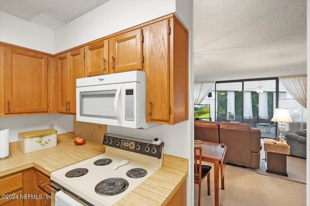 kitchen featuring a textured ceiling, range, and light colored carpet