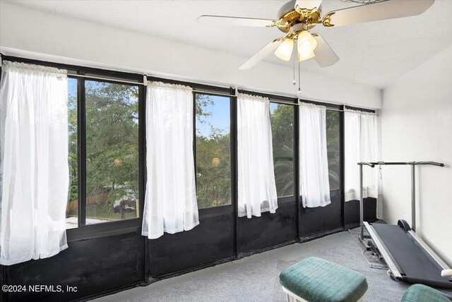 interior space featuring ceiling fan, a textured ceiling, a healthy amount of sunlight, and light colored carpet