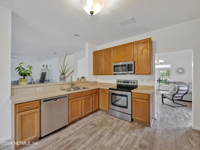 kitchen with sink, light wood-type flooring, kitchen peninsula, and appliances with stainless steel finishes