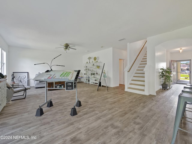 game room featuring ceiling fan and hardwood / wood-style floors