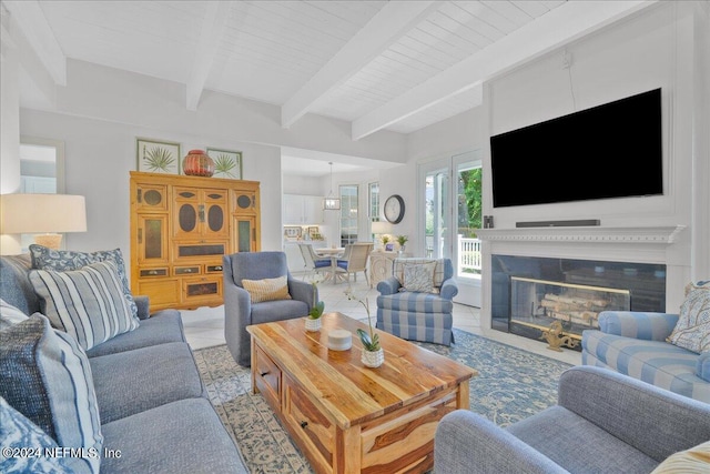 tiled living room featuring a fireplace, wood ceiling, and beam ceiling