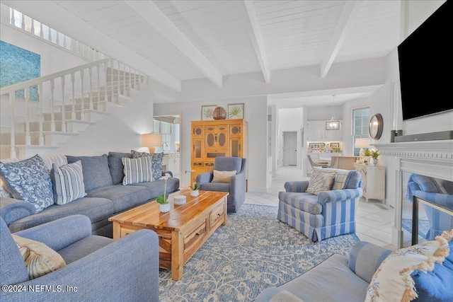 tiled living room featuring wooden ceiling and beam ceiling