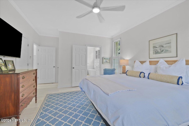 bedroom with ceiling fan, ornamental molding, ensuite bathroom, and light hardwood / wood-style floors