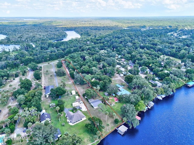 drone / aerial view featuring a water view and a wooded view