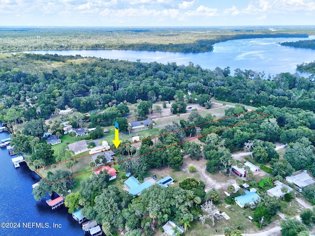 birds eye view of property featuring a water view and a forest view