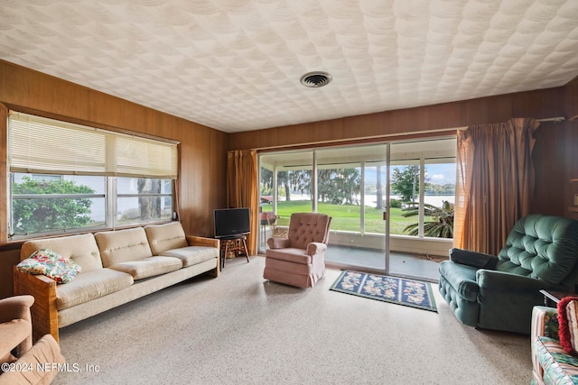 living room featuring wooden walls