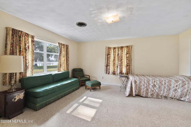 bedroom with visible vents, baseboards, and speckled floor