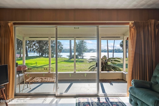 doorway featuring a healthy amount of sunlight and a water view