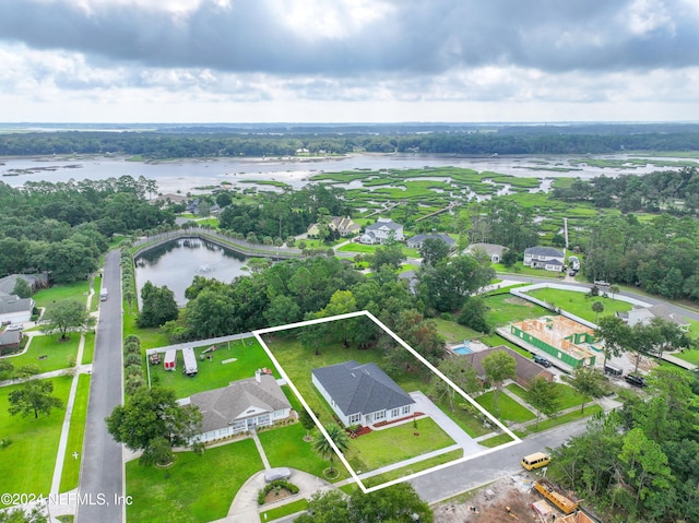 drone / aerial view featuring a water view