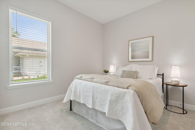 bedroom with light carpet