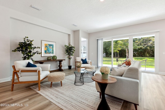 living room featuring light wood-type flooring, a wealth of natural light, and a textured ceiling