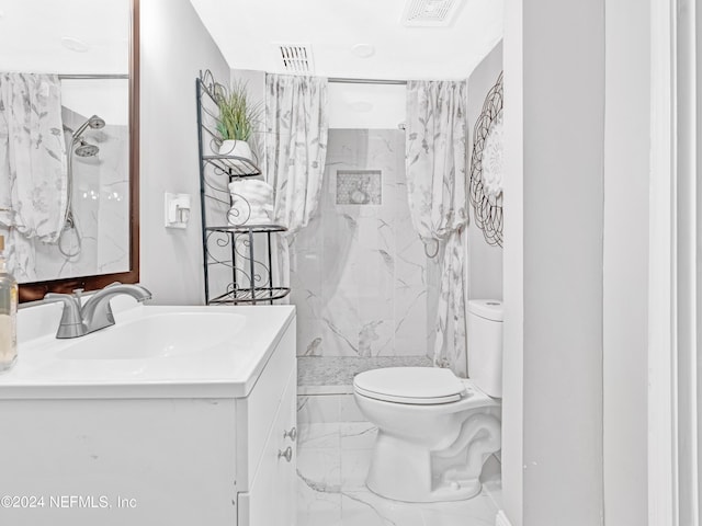 full bath with marble finish floor, toilet, vanity, and a marble finish shower