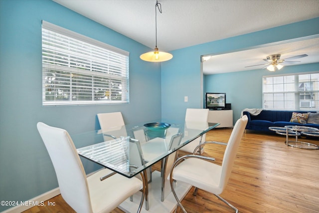 dining area featuring ceiling fan, a textured ceiling, baseboards, and wood finished floors