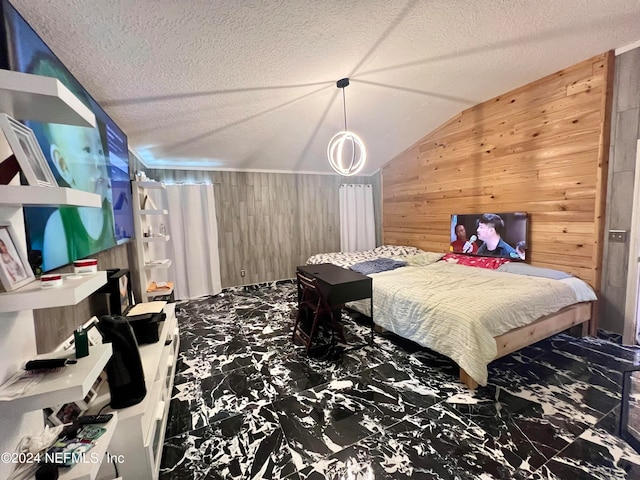 tiled bedroom with wood walls, a textured ceiling, and lofted ceiling