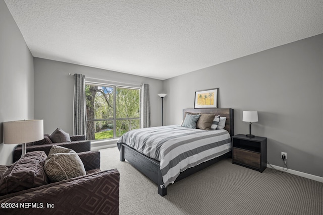 bedroom with a textured ceiling and carpet flooring