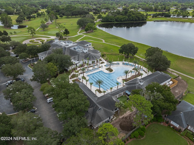 drone / aerial view with a water view