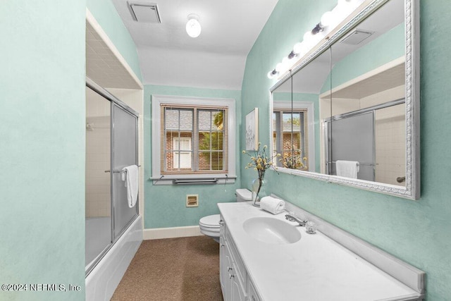 full bathroom featuring vanity, toilet, and enclosed tub / shower combo