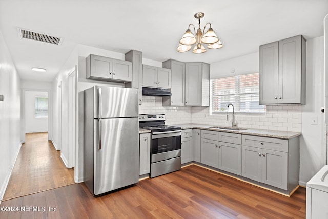 kitchen with dark wood-type flooring, a chandelier, tasteful backsplash, appliances with stainless steel finishes, and sink