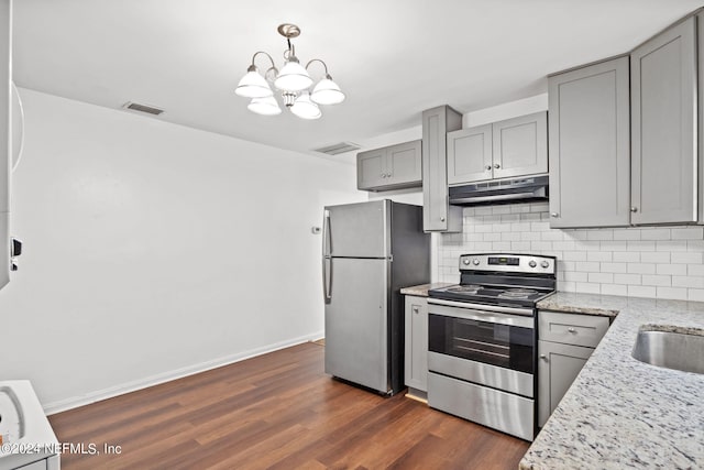 kitchen featuring appliances with stainless steel finishes, tasteful backsplash, dark hardwood / wood-style floors, and an inviting chandelier