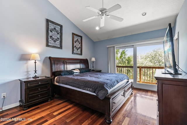 bedroom featuring a textured ceiling, vaulted ceiling, dark hardwood / wood-style floors, access to exterior, and ceiling fan