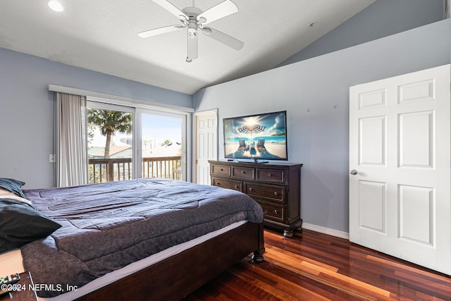 bedroom featuring a textured ceiling, access to outside, ceiling fan, dark wood-type flooring, and lofted ceiling