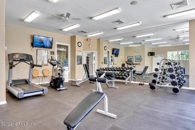 exercise room with visible vents and a textured ceiling