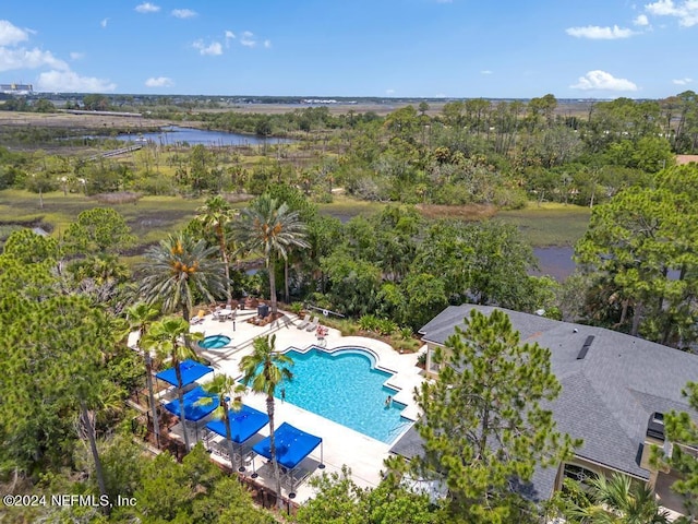 bird's eye view with a water view