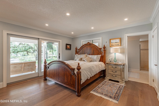 bedroom featuring a textured ceiling, recessed lighting, wood finished floors, access to exterior, and crown molding