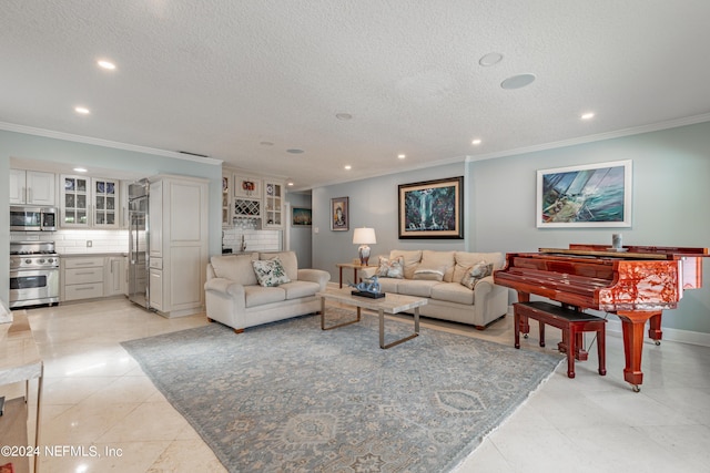 living room with ornamental molding and recessed lighting