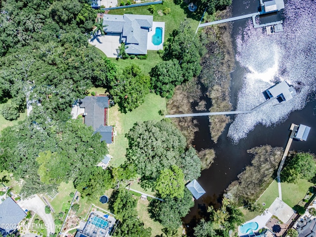 birds eye view of property featuring a residential view and a water view