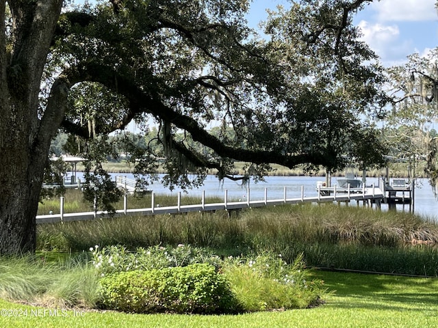 view of community with a water view