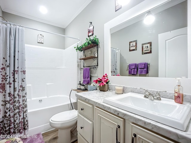 full bathroom with vanity, shower / bath combo, wood-type flooring, crown molding, and toilet