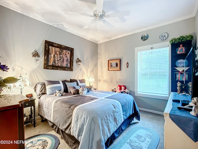 bedroom featuring ceiling fan, light colored carpet, and ornamental molding