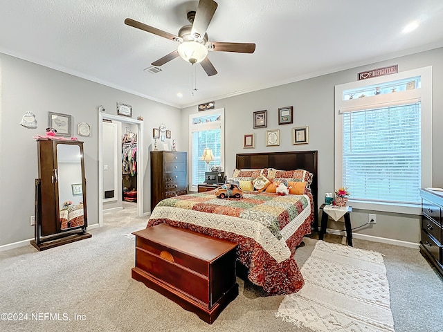 carpeted bedroom featuring multiple windows, ceiling fan, a walk in closet, and a closet