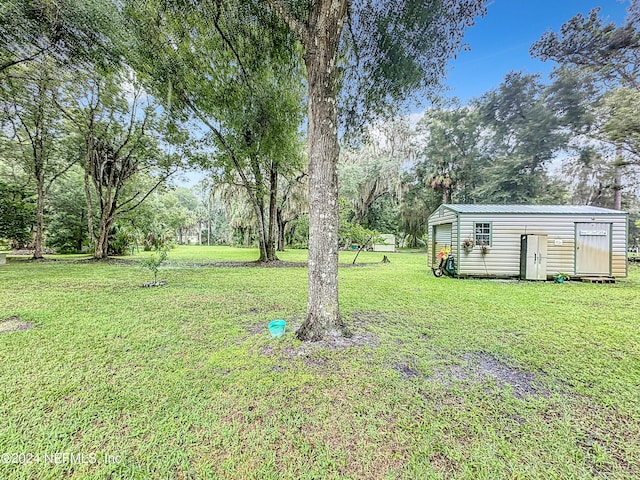 view of yard with a storage shed