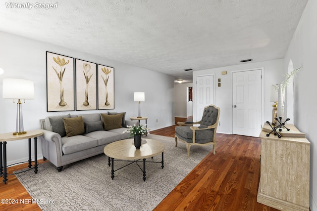 living room featuring a textured ceiling and wood-type flooring