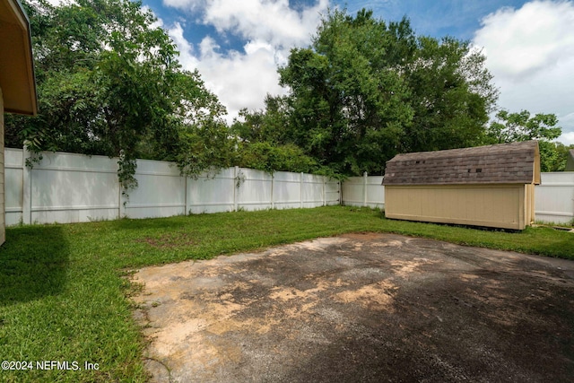 view of yard featuring a storage unit