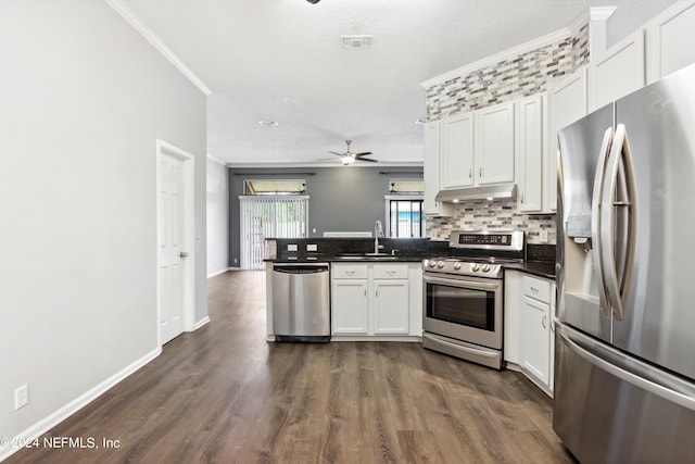 kitchen featuring visible vents, appliances with stainless steel finishes, a peninsula, under cabinet range hood, and a sink