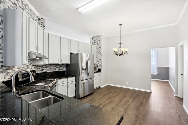 kitchen with tasteful backsplash, appliances with stainless steel finishes, dark wood-type flooring, a sink, and under cabinet range hood