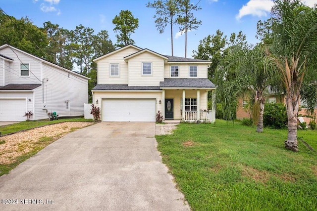 view of front of home with a garage and a front lawn