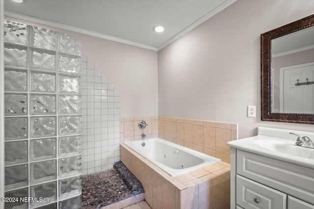 bathroom featuring a textured ceiling, vanity, separate shower and tub, and crown molding