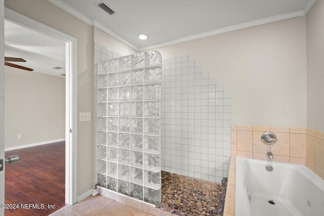 bathroom with tile patterned flooring, crown molding, a textured ceiling, independent shower and bath, and ceiling fan