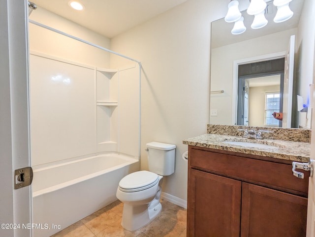 full bathroom featuring toilet, vanity, shower / tub combination, and tile patterned floors