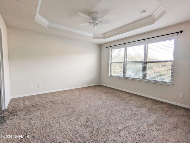 unfurnished room with ceiling fan, carpet floors, and a tray ceiling