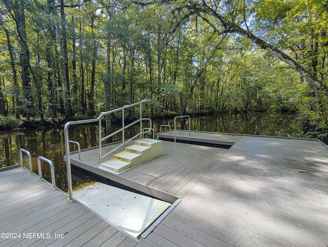 view of dock with a deck with water view