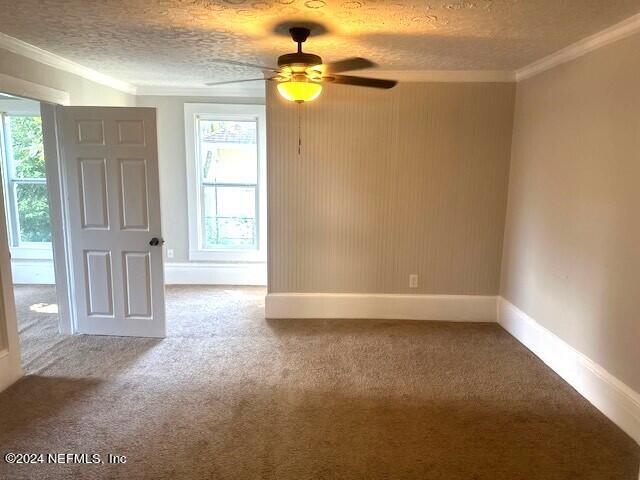 carpeted empty room featuring a textured ceiling, plenty of natural light, and crown molding